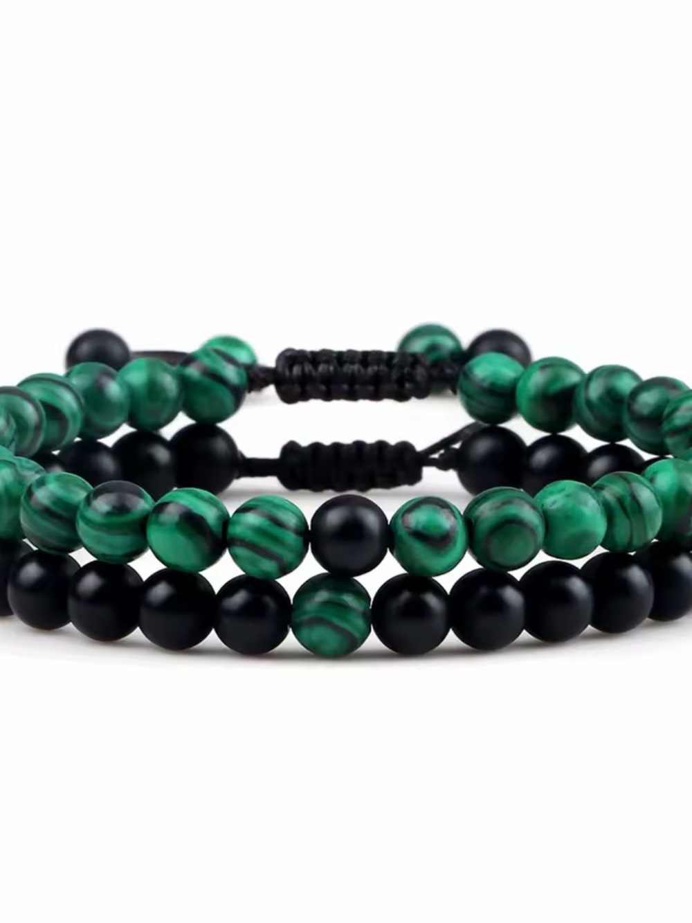 Men's Green and Black Beaded Stretch Bracelet Set waterproof